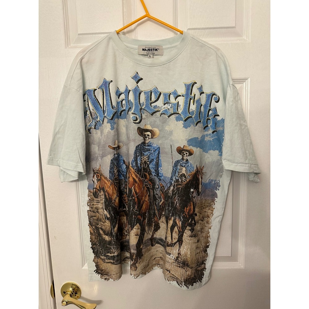 Majestik Skeleton Cowboy Graphic T-Shirt Light Blue Rhinestone Western Mens L